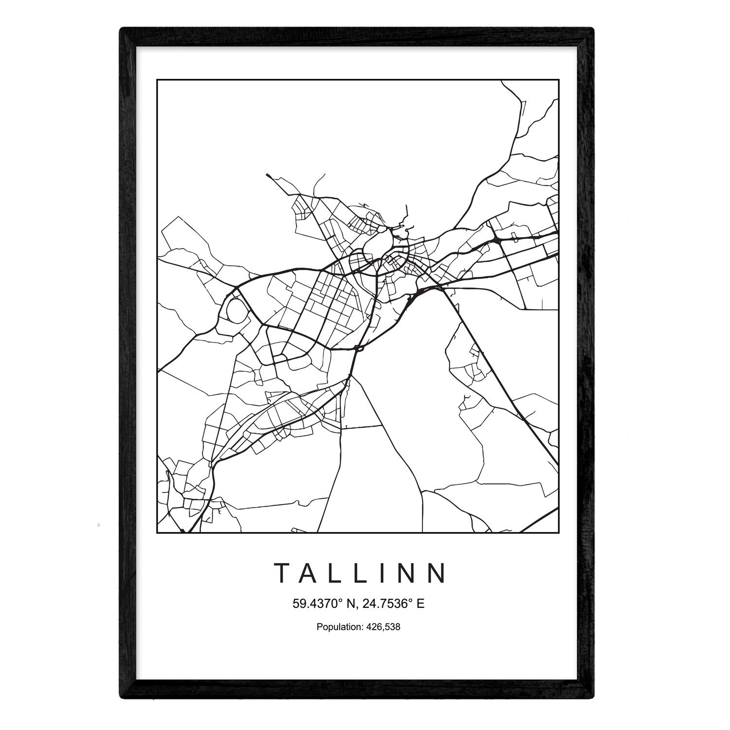 Nacnic Print city map Tallinn Scandinavian style in black and white. Poster A4 Printed paper No 250 gr. Paintings, prints and posters for living room and bedroom