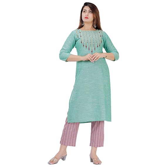 Women's Cotton Emberoidered Kurta And Pant Set (GREEN)