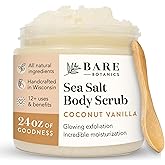 Bare Botanics Coconut Vanilla Body Scrub 24oz | Made in Madison, WI | All Natural Sea Salt Exfoliator w/ Skin Loving Moisturi