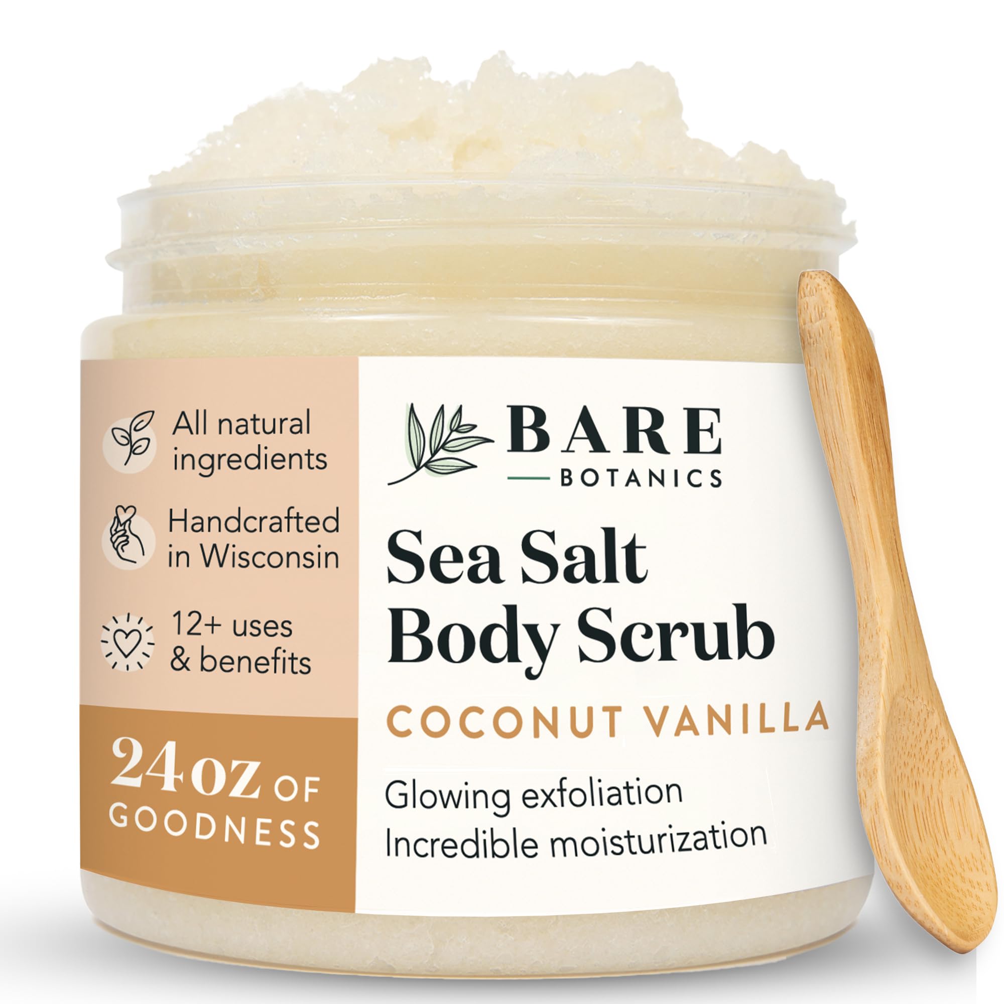 BARE BOTANICS Coconut Vanilla Body Scrub 24oz | Made in Madison, WI | All Natural Sea Salt Exfoliator w/ Skin Loving Moisturizers | Vegan & Cruelty Free | Gift Ready Packaging w/ a Cute Wooden Spoon