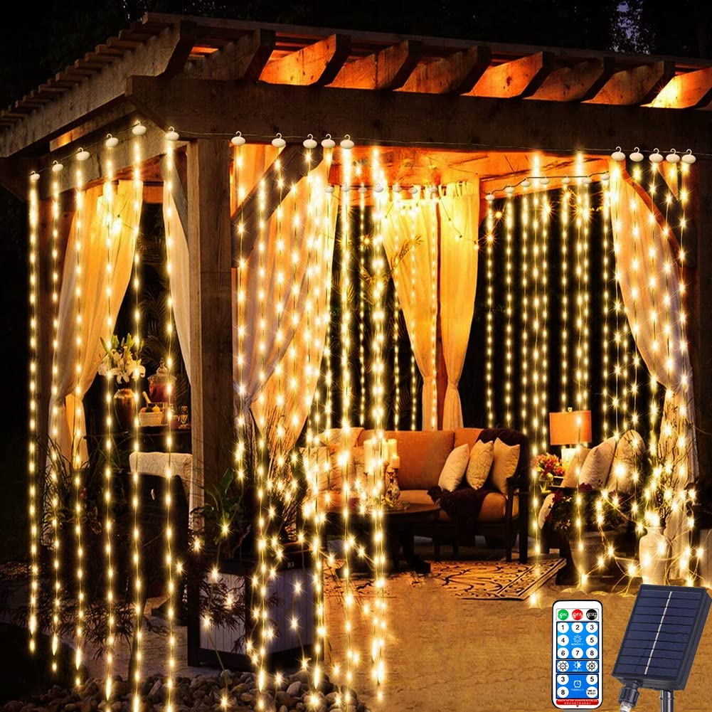 Redefun Solar Curtain Lights - 3m x 3m, 300 LED Outdoor Waterfall Lights with Remote, 8 Modes, Perfect for Gazebo, Pergola, Wedding Parties (Warm White)
