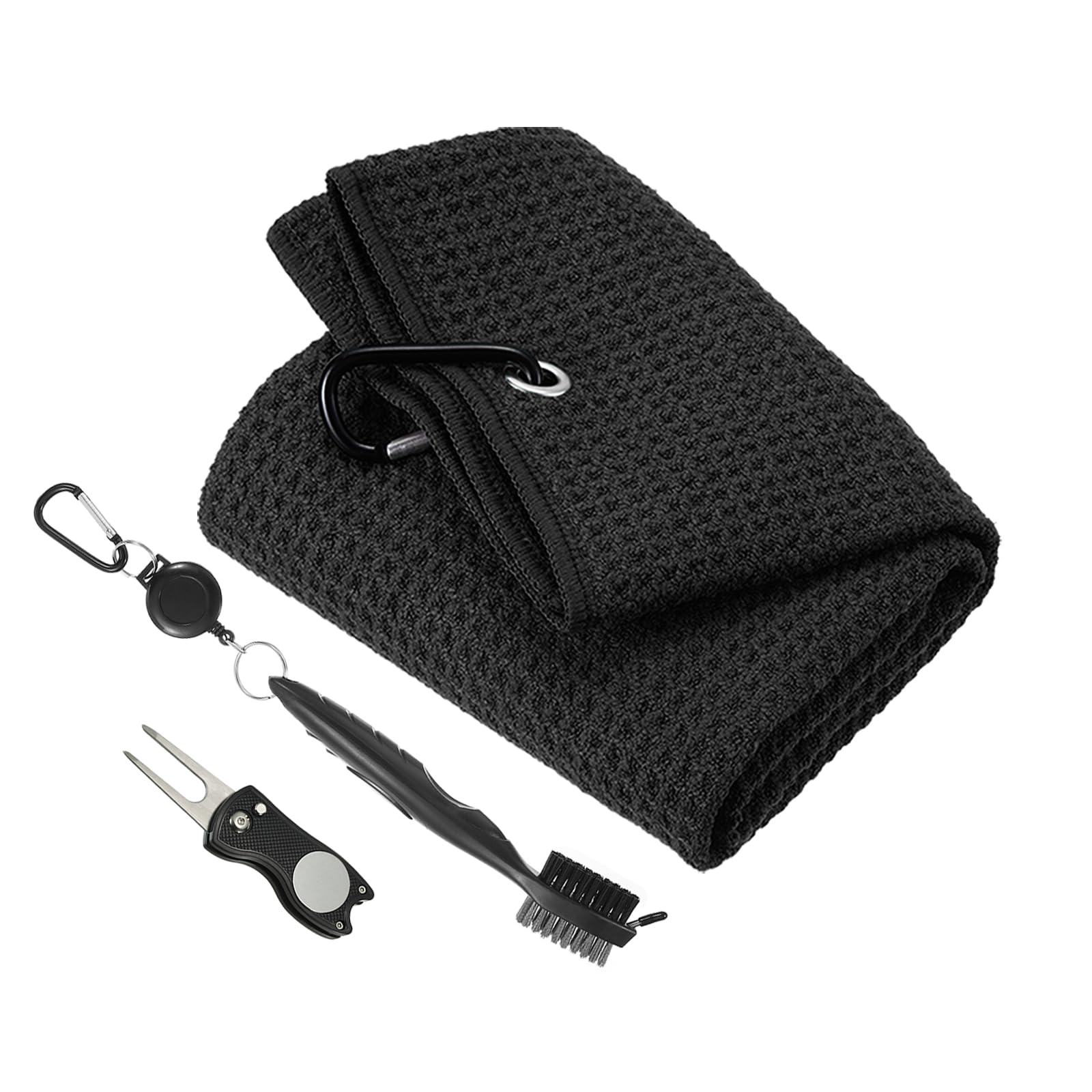 PATIKIL 21"x16" Tri-fold Golf Towels, Microfiber Waffle Pattern Towels with Club Groove Cleaning Brush and Foldable Divot Tool for Golf Bags Club, Black