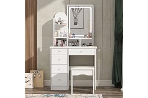 FUFU&GAGA Vanity Set with Rectangular Mirror, Makeup Vanity Dressing Table with 5 Drawers, Shelves, Dresser Desk and Cushioned Stool Set (A White/Lighted Mirror)