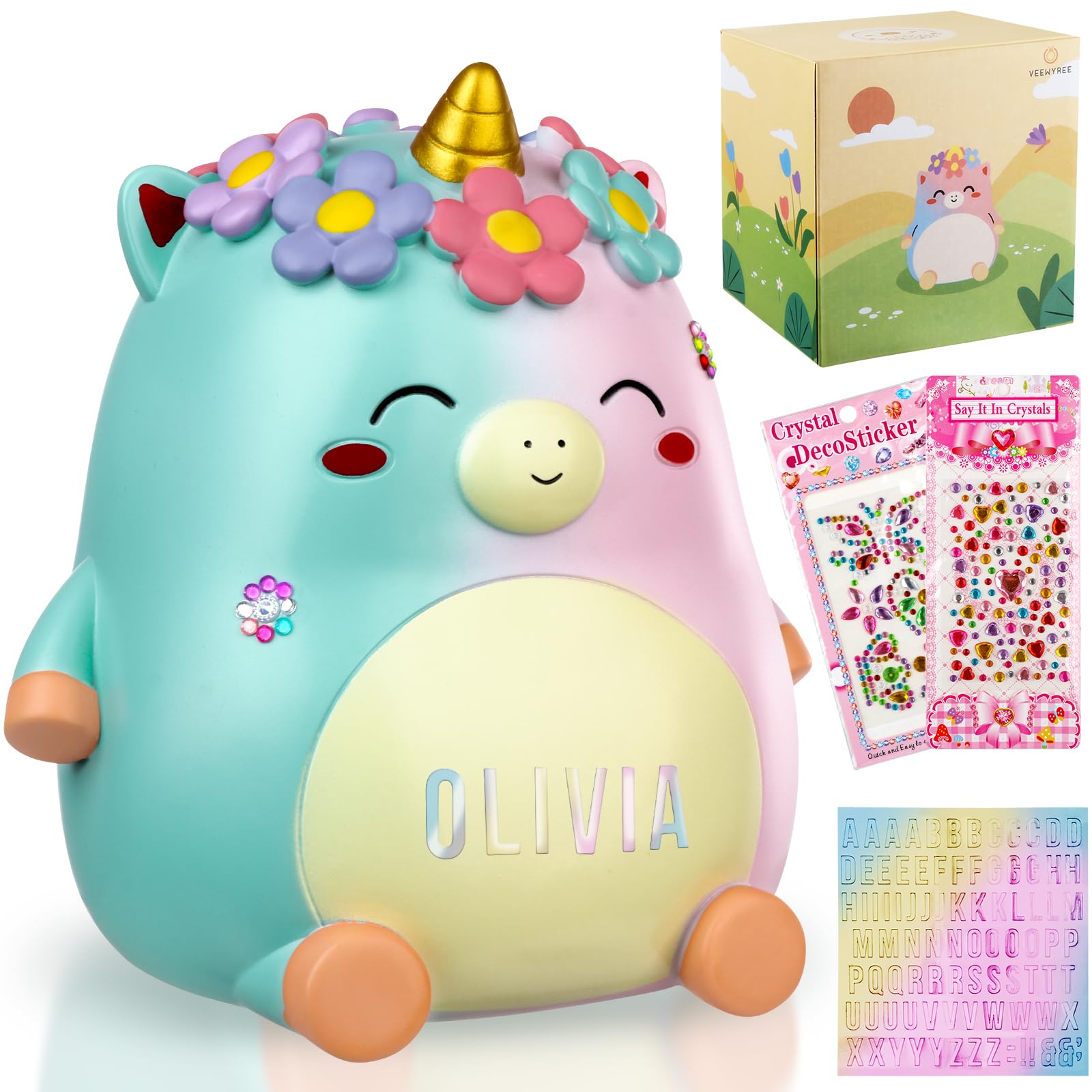 Unicorn Piggy Bank Girls – Cute Rainbow Kids Piggy Bank for Girls, Personalized Unbreakable Resin Coin Money Bank for Kids with Stickers for Toddlers… (Rainbow)