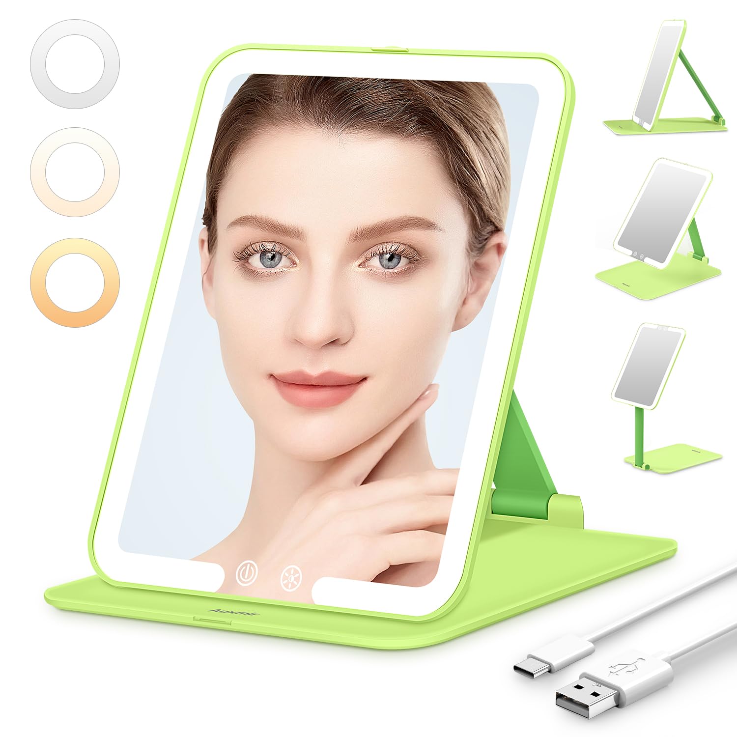 Auxmir Portable Makeup Mirror with Light, Rechargeable Travel Vanity Mirror, 3 Color Lighting, Dimmiable Touch Screen, Folding Lighted Beauty Mirror with Stand for Home, Travel(Green)