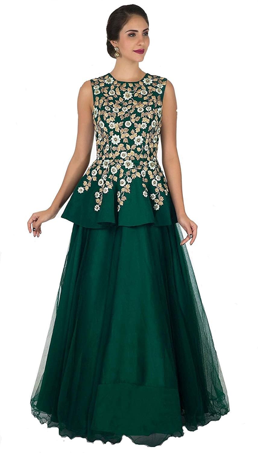 queen of india women's taffeta silk embroidered semi-stitched anarkali gown (green)
