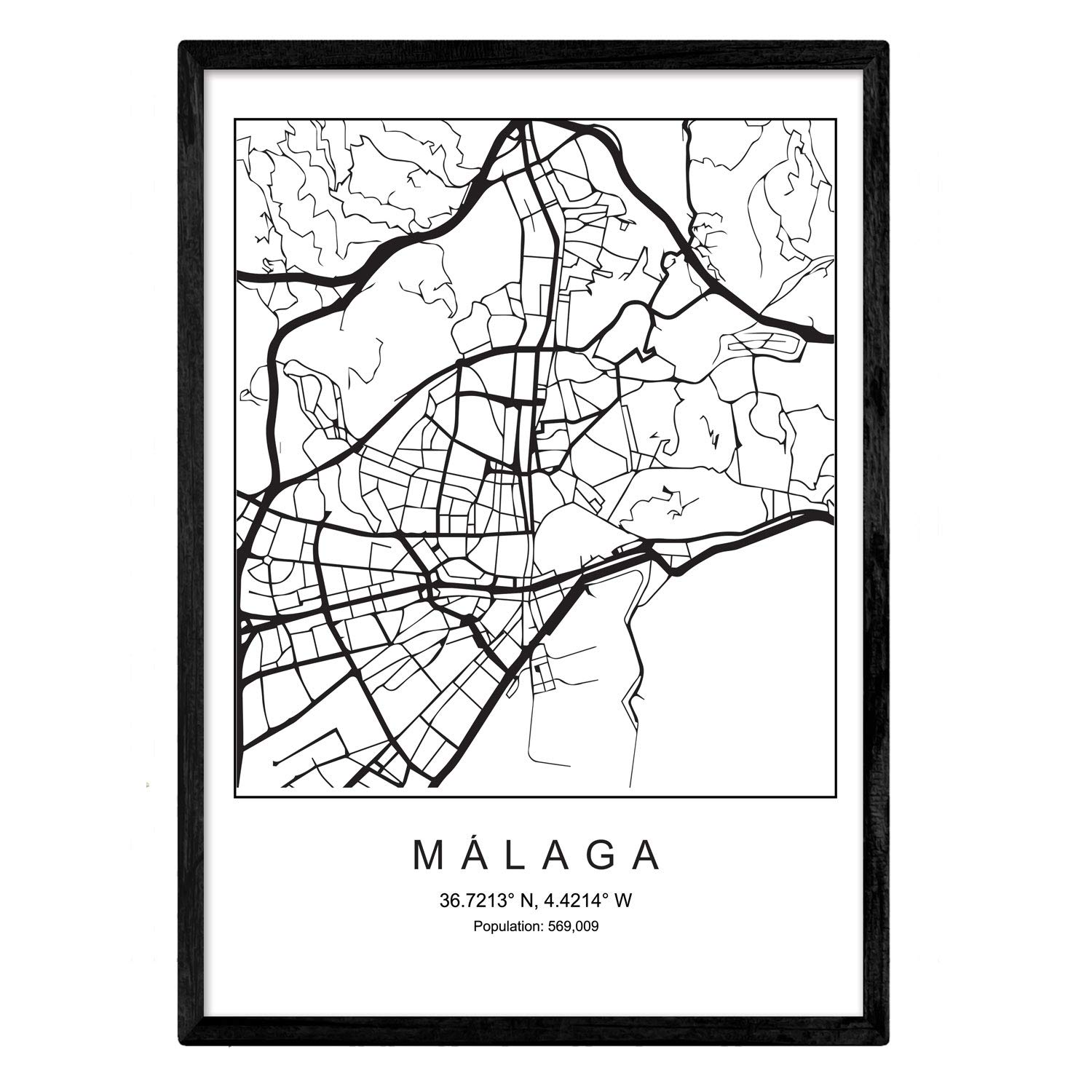 Sheet Malaga city map Nordic style black and white. A3 size,printed poster paper No 250 gr. Paintings, prints and posters for living room and bedroom
