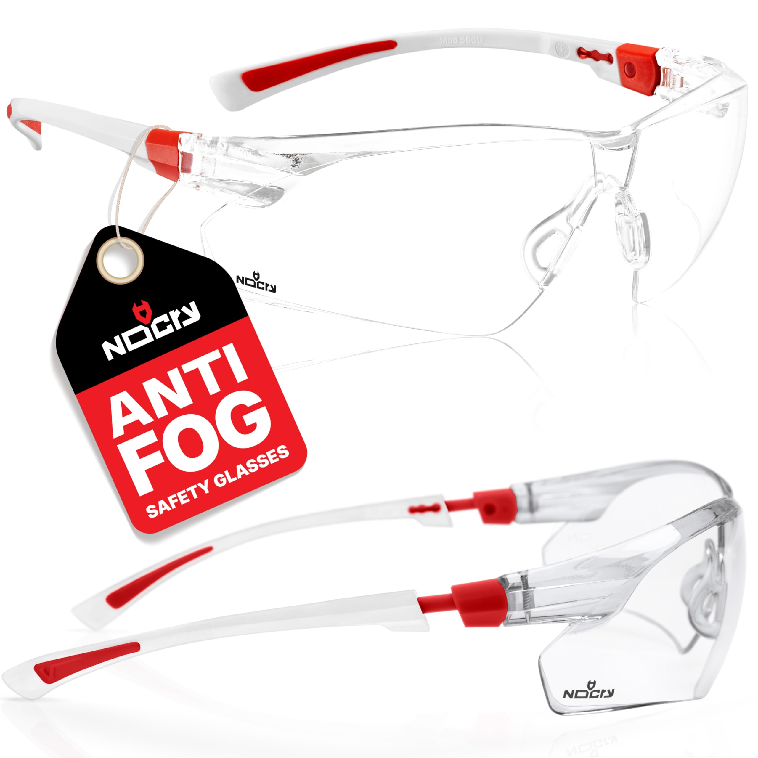 NoCry Safety Glasses with Clear Anti Fog Scratch Resistant Wrap-Around Lenses and No-Slip Grips, UV Protection. Adjustable, White & Red Frames (10 pack)