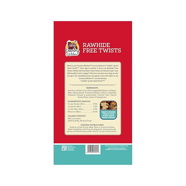 COUNTRY KITCHEN RAWHIDE FREE TWISTS DOG CHEWS, MADE WITH REAL BEEF, 3 COUNT
