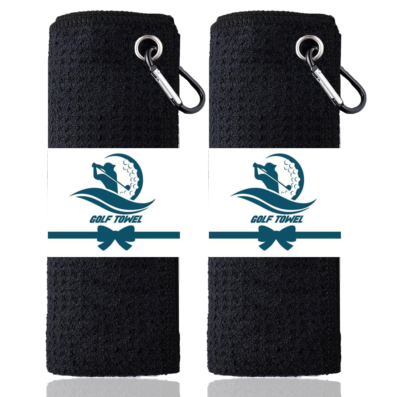 AXKAL Golf Towels for Golf Bags with Clip Black Heavy Duty Carabiner 16’’x16’Value 2 Pack, Tri-fold Golf Towels Premium Microfiber Fabric Waffle (2 Pack 16''x16'', Black)