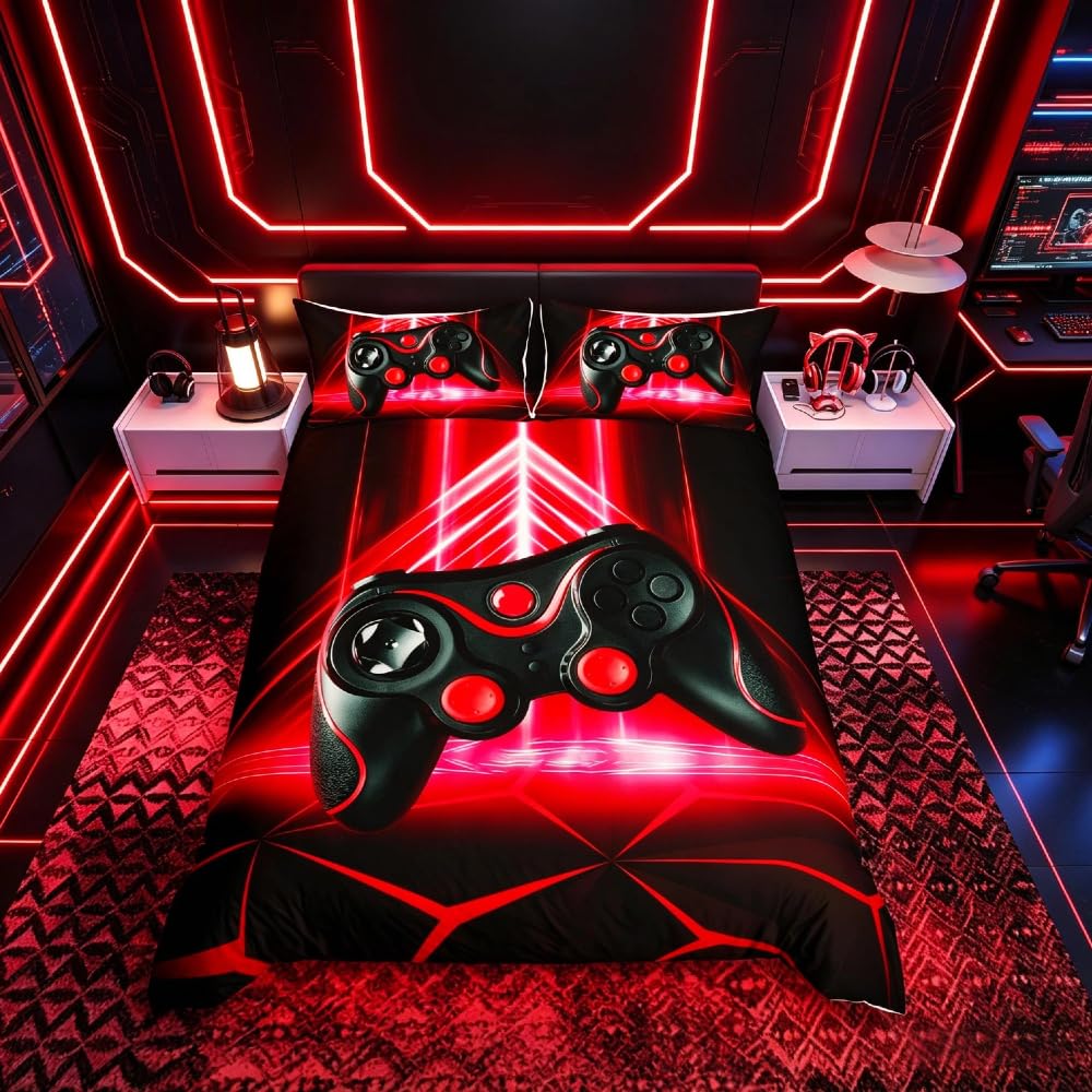 Homemissing Games Comforter Cover Set Boys Teens Video Game Gamer Gaming Bedding Set Kids Geometric Triangle Duvet Cover Set Game Controller Quilt Cover Bedroom Collection 3Pcs Double Size,Red — image 1