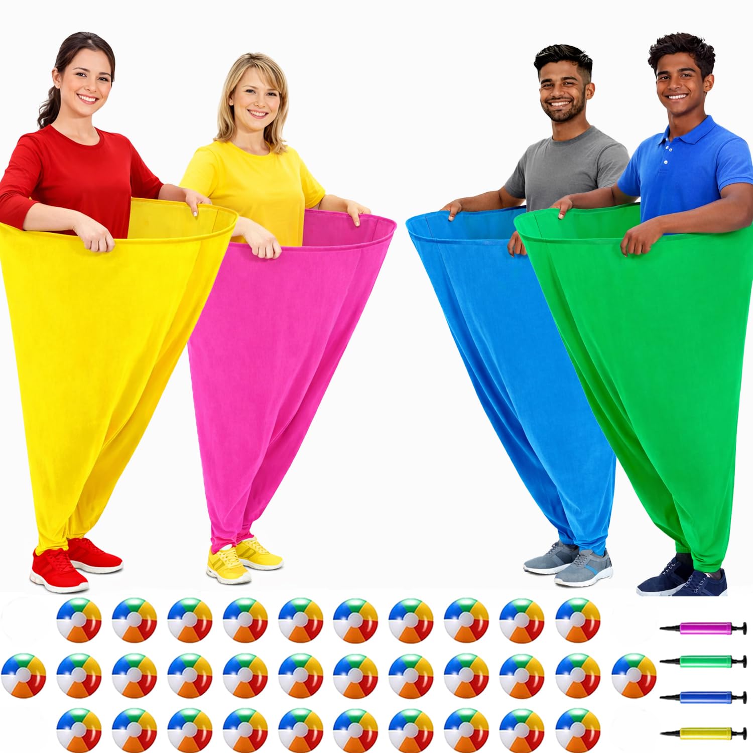 Granny Pants Yard Game – Fun Outdoor Party Game with Bouncy Balls & Pump for Family, Friends & Group Play Gift for Kids and Adult (Adult Sizes (4 Pcs Grany Pants - Air Pump and 32 Pcs Balls))