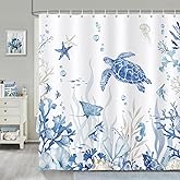 Bonhause Nautical Coastal Shower Curtain, Blue Ocean Turtle Starfish Seashell Beach Bathroom Decor 72 x 72 Inch Polyester Fabric Waterproof Bath Curtain with 12 Hooks