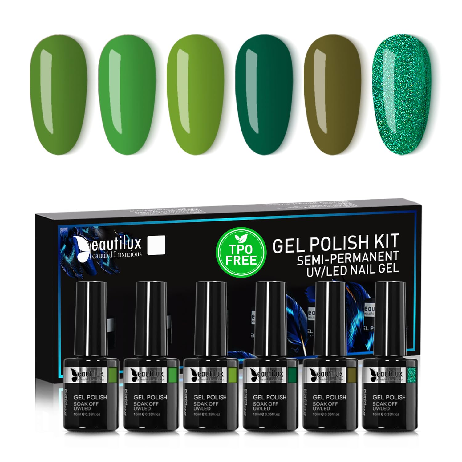 Beautilux HEMA&TPO Free Gel Polish 6x10ml - Long-Lasting Formula, Salon-Grade Shine for Up to 21 Days, 6-Pack Professional Nail Gel Set Green Colors