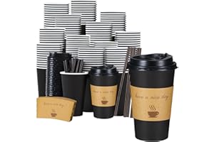 Lamosi 16 oz Coffee Cups 50 Pack, Disposable Coffee To Go Cups with Lids, Stir Sticks and Sleeves, 16 oz Black Hot Paper Cup for Home, Travel, Office