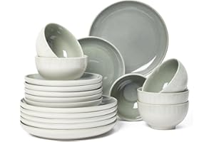 Stoneware Dinnerware Set, POKINI 18 PCS Reactive Glaze Plates and Bowls Set, Handmade Round Ceramic Dish Sets Service for 6, 