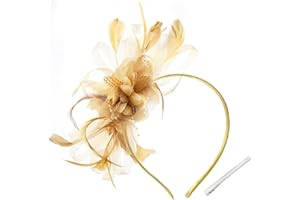WATAME Women's Fascinators Feathers Mesh Ribbons Tea Party Hats with Headband and Clip Fascinator Hat (Gold)