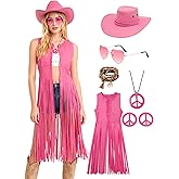 Verceco Cowgirl Outfits for Women Western Retro Cowgirl Costume Country Fringe Vest and Cowboy Hat 6 PC 70s Hippie Outfit