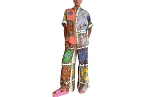 Perbai Womens Summer Print 2 Piece Linen Sets Boho Short Sleeve Button Shirt Wide Leg Pants Outfits Pajamas Lounge Sets