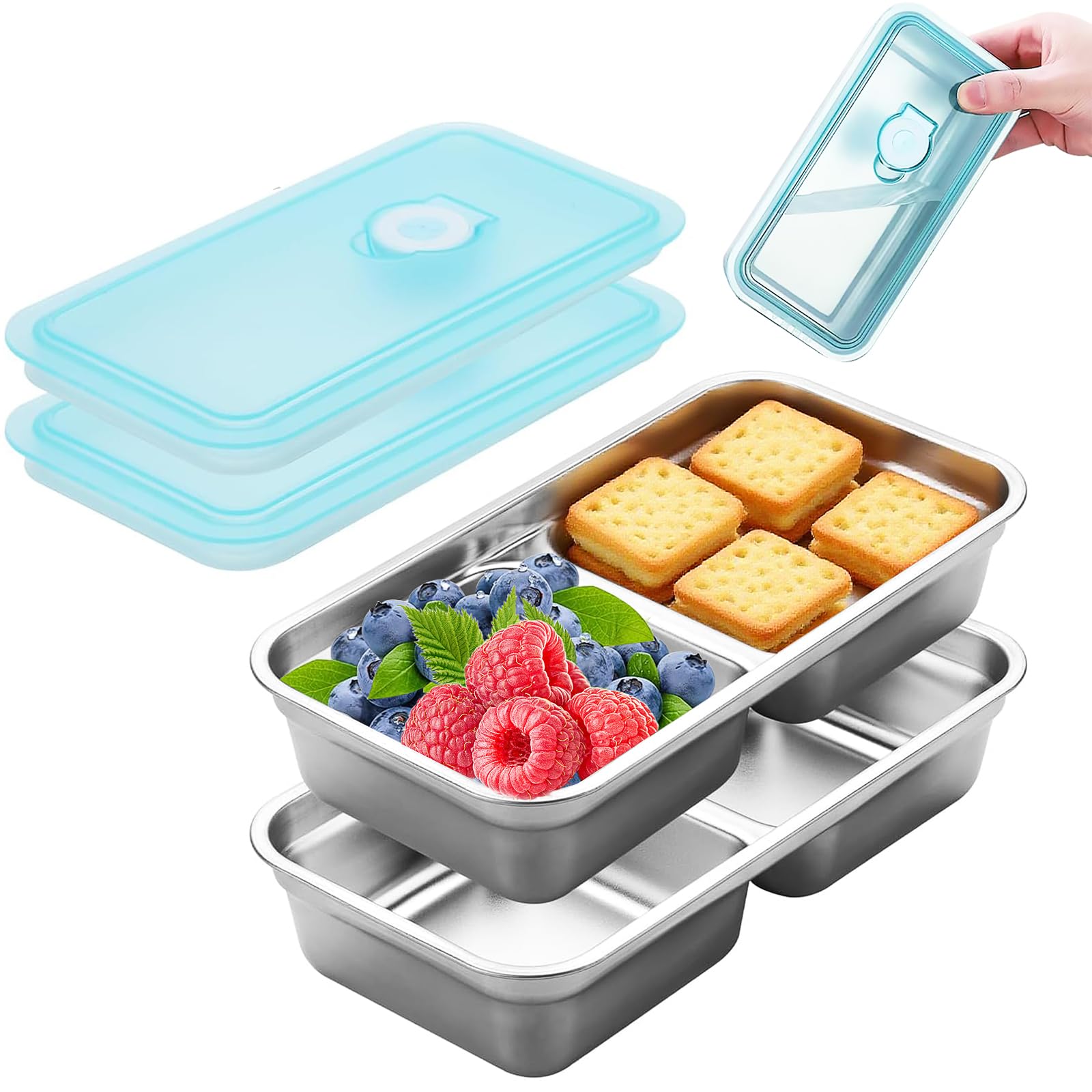 Photo 1 of Stainless Steel Snack Containers Reusable with Lid, Grab and Go 2 Compartment Snack Food Storage Containers for School Travel and Outdoor Camping Dishwasher Safe (2)