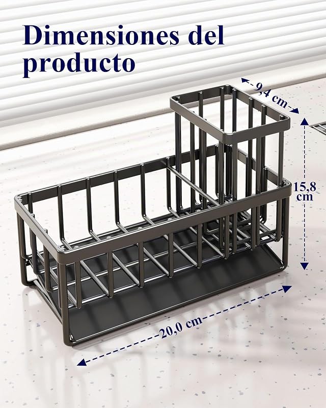 Organizador de Cozinha - Suporte para esfregar pias em aço inoxidável com ralo automático, organizador de pia com suporte para escovas para cozinha e casa de banho, 20 x 9,4 x 15,8 cm, preto