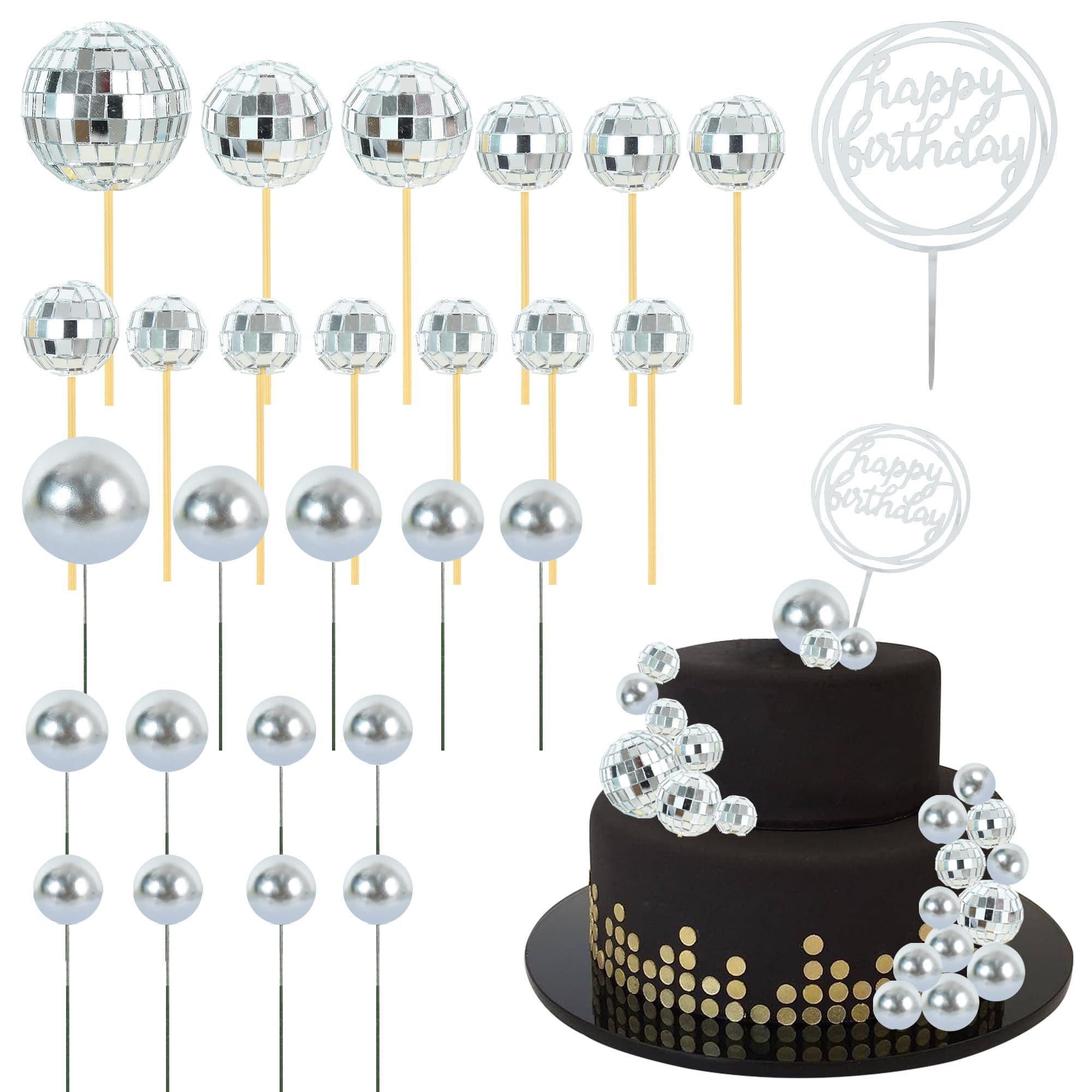 Photo 1 of BEISHIDA 27 PCS Disco Ball Cake Toppers - Mini Mirror Ball Cupcake Toppers for Disco Theme Party, 70s 80s Party Decorations, Birthday, Wedding, Anniversary, Baby Shower, and Retro Celebration