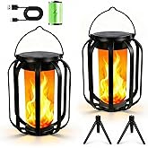 Solar Lanterns Outdoor Lights, 2 Pack Flickering Flame Garden Lights with 2 Modes Dual Charging USB & Solar, Outdoor Waterproof Hanging Lantern for Halloween Party Holiday Decor