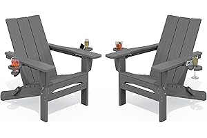 SERWALL Outdoor HDPE Adirondack Chair Set 2, Modern Folding Adirondack Chair with Cup Holders, Weather Resistant Fire Pit Chairs, Gray