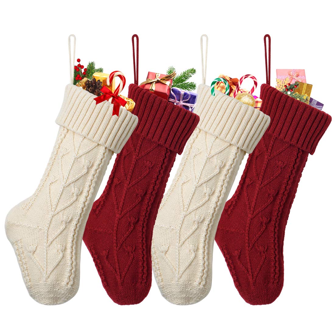 Dremisland Christmas Stockings 4 Pack, 15 Inch Cable Knit Knitted Xmas Stockings Hanging Socks Rustic Personalized Stocking for Family Holiday Xmas Party Decorations, Cream and Burgundy