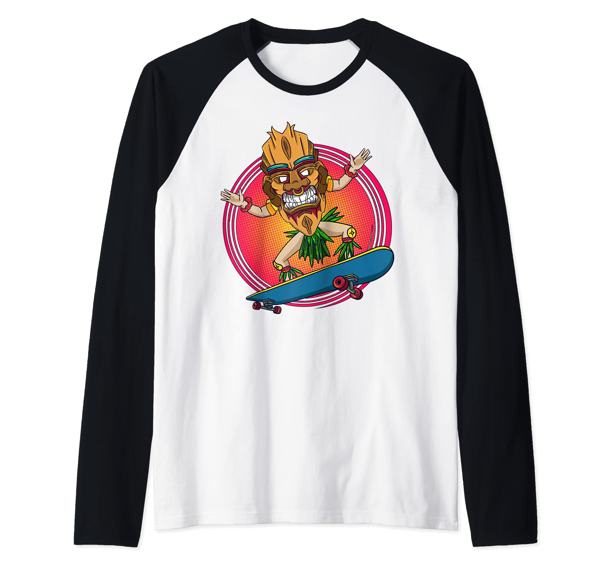 Hawaii Tiki Totem Skater Skateboarding Raglan Baseball Tee