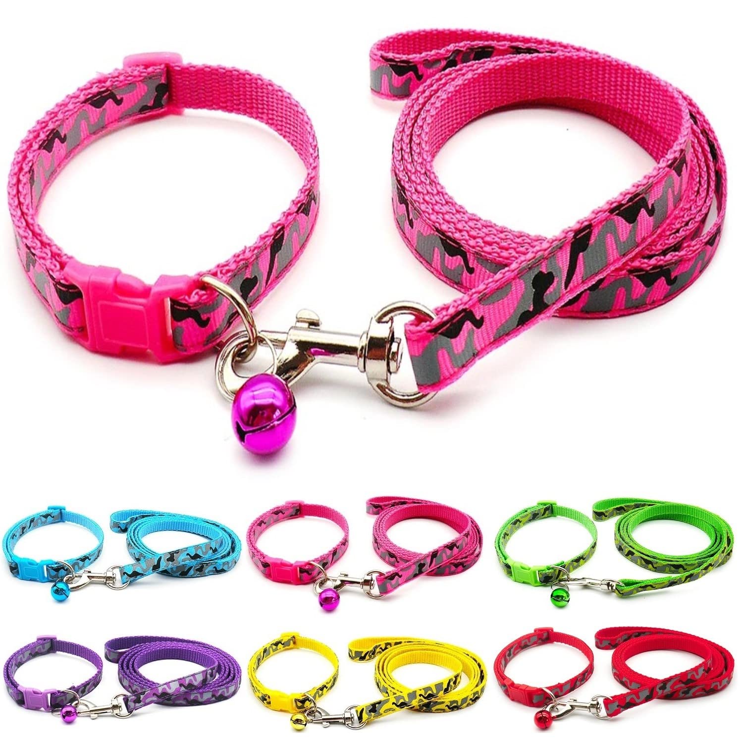 Small Dog Puppy Pet Collar and Lead Set Camo Camouflage Design Nylon Adjustable Size 19-32cm Collar with Bell and 120cm Leash Pink Magenta Rose