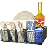 Rehuei Metal Paper Plate Organizer &amp; Utensil Holder for Countertop, Silverware Caddy Cutlery Flatware Organizer for Plastic Cup Forks Spoon Napkins, Paper Plate Holder for Picnic Camping Party