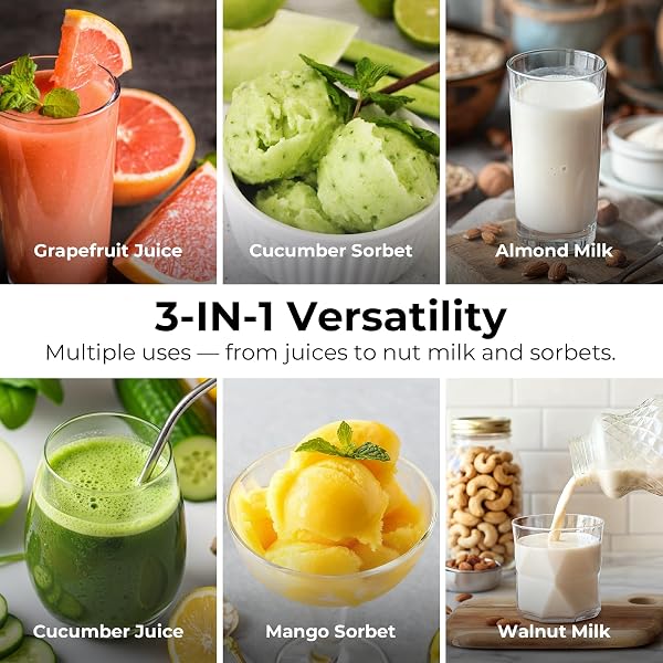 EANORUUS JUICER MACHINES, 3-IN-1 COLD PRESS JUICER WITH 6.5″ EXTRA LARGE CHUTE, 100OZ LARGE CAPACITY, AC MOTOR, MAKES JUICE, NUT MILK & SORBET, PREMIUM GRAY