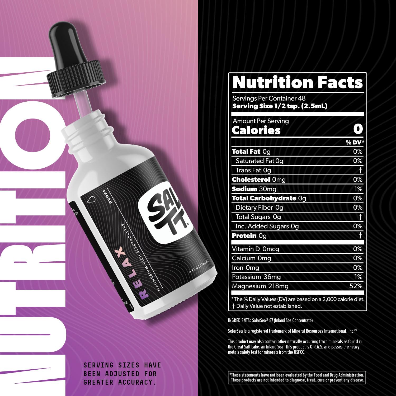 SALTT Relax Magnesium Drops - Ionic Magnesium Chloride w/Sodium, Potassium, Electrolytes - Trace Minerals Drops - Gluten Free, Sugar Free, Keto Friendly - from Utah's Great Salt Lake - 120ml Dropper