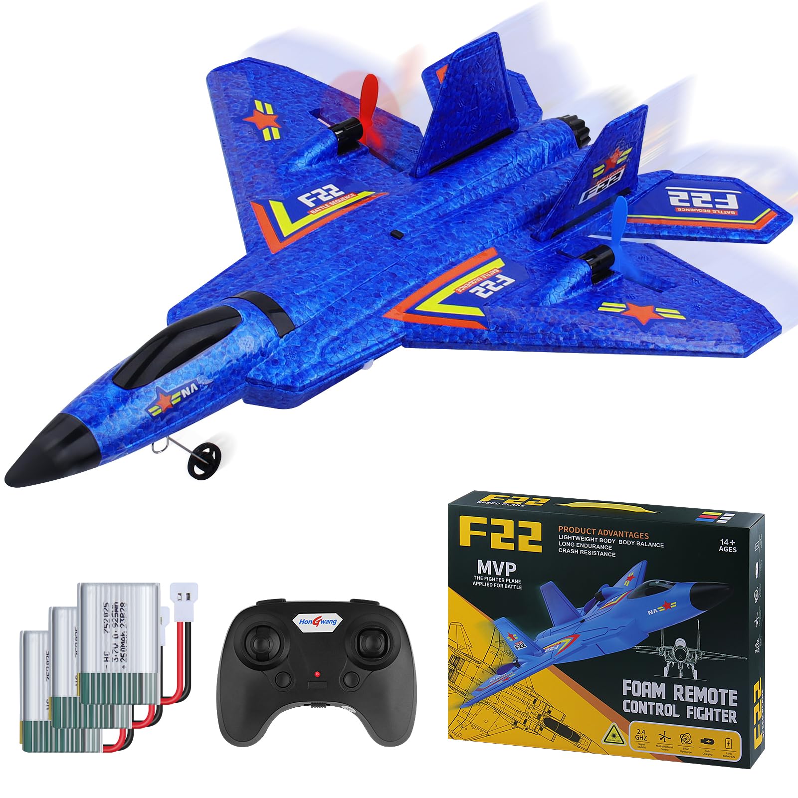 yusvwkj HW32/F22 RC Plane with 3 Batteries Ready to Fly, 2.4GHz Remote Control Airplanes with Colored LED Lights, Airplane Toy Remote Controlled Fighter RC Glider for Kids Beginners Adults Blue