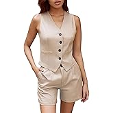 winkbay Women's 2 Piece Work Office Outfit Button Up V Neck Blazer Vest and High Waisted Shorts Set