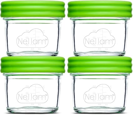 Nellam Baby Food Storage Containers Leakproof Airtight Glass Jars For Freezing Homemade Babyfood Prep Reusable Bpa Free 4 X 4oz Set That Is Microwave Freezer Safe Amazon Co Uk Kitchen