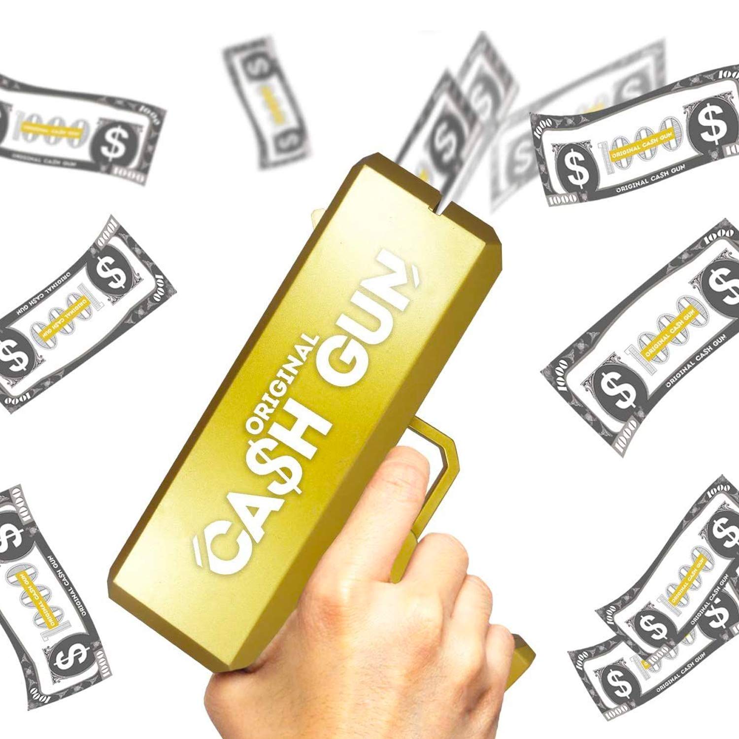 Original CashGun® | Money Gun | Gold | Money Launching Pistol | Cash Pistol | Make It Rain | Party Gun | 100 Fake Bills Included | Accessory | Game | Party | Original Corner