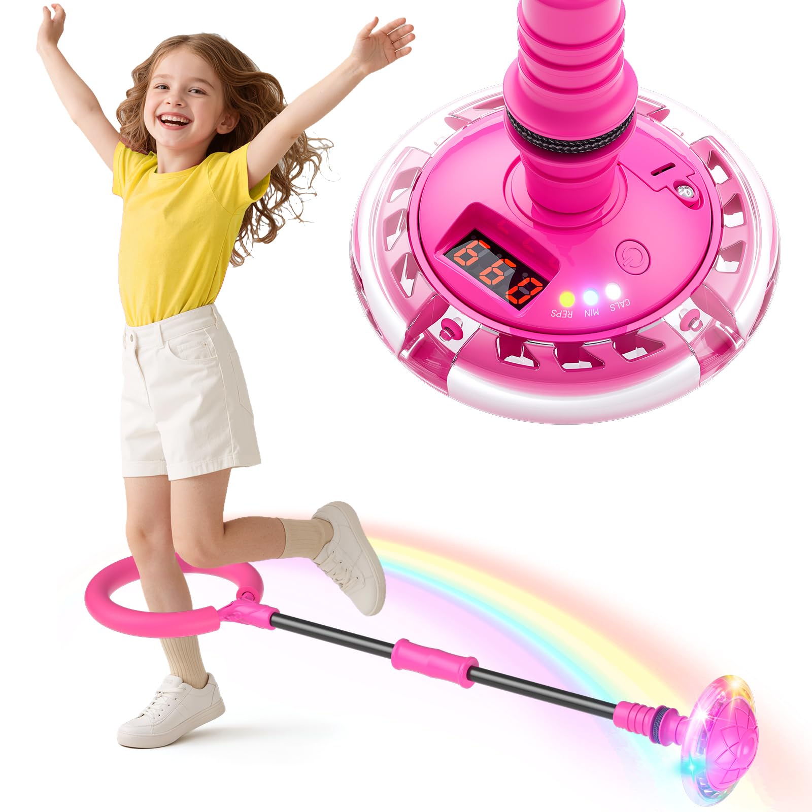 Jofuni Ankle Skip Ball for Kids with Counter, Timer, Cal Calculator, Girl Birthday Gifts for Age 5 6 7 8 9 10, Battery Powered Foldable Outdoor Sports Toy for 6-10 Year Old Girl Easter Gifts (Pink) — image 1