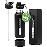 32oz Stainless Steel Water Bottle – Vacuum Insulated Triple Wall Sports Flask with Dual Lids (Straw & Spout) + Hidden Storage Compartment | Leakproof, Reusable, Black Travel Thermos