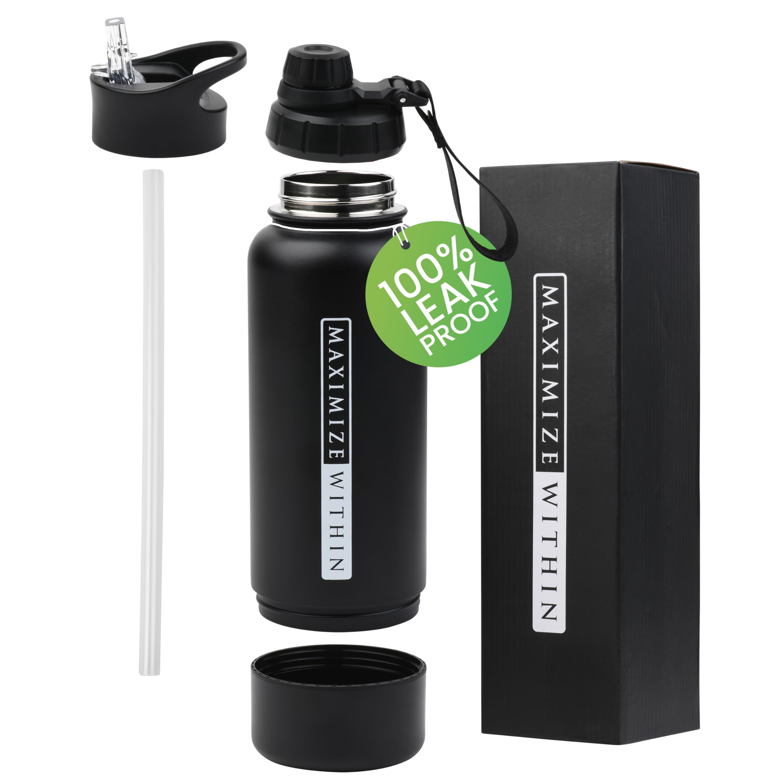 32oz Stainless Steel Water Bottle – Vacuum Insulated Double Wall Sports Flask with Dual Lids (Straw & Spout) Leakproof, Reusable, Black Travel Thermos