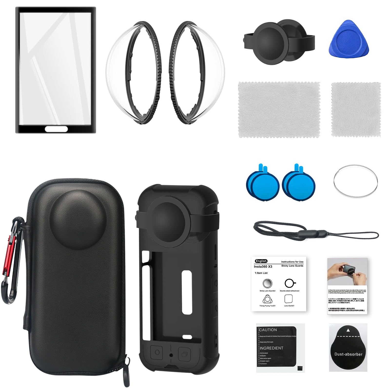 Photo 1 of ERMO NKES Camera Protective Kit Compatible with Insta360 X3 – Includes Silicone Cover, Tempered Glass Screen Protector, 2 Lens Guards, EVA Storage Case with Buckle, Lanyard & Dust Removal Kit