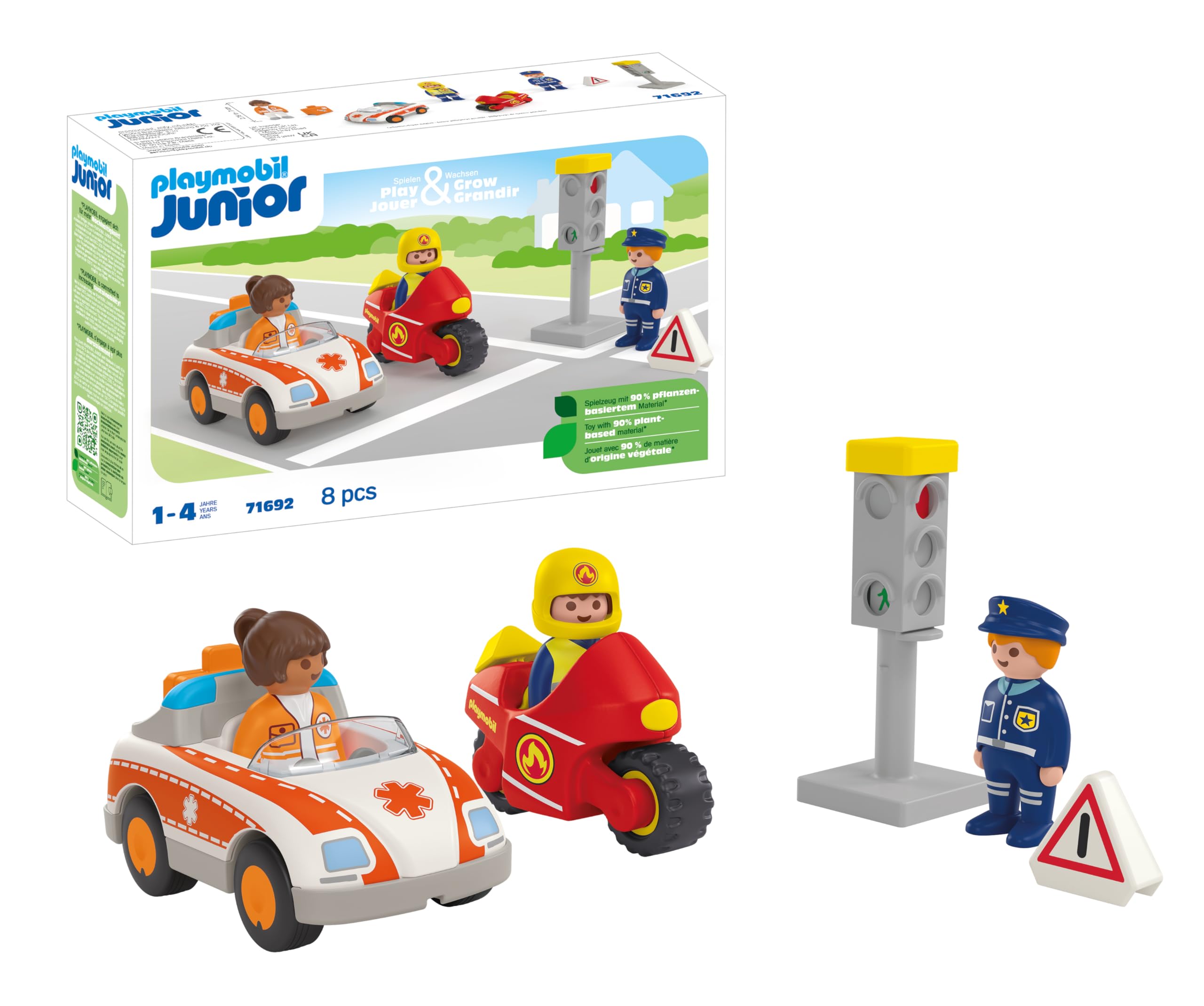 PLAYMOBIL 71692 JUNIOR: Everyday Heroes, including woman doctor, firefighter, and police officer, sustainable toy made from plant-based plastics, gifting toy, play sets suitable for children ages 1+