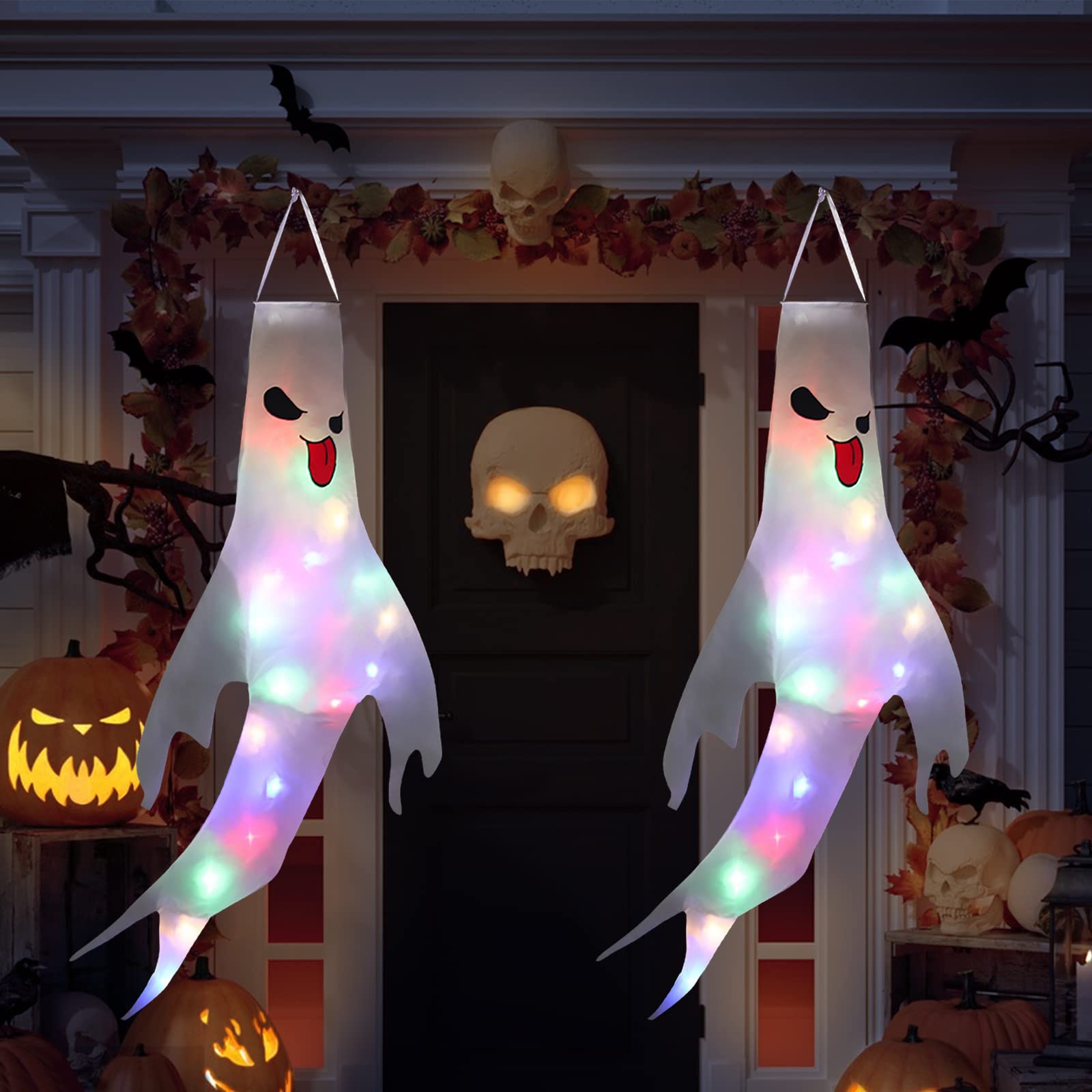 ILINKER Halloween Hanging Ghost Decorations - Halloween Windsock Ghost Flag with LED Lights Halloween Party Decor for Indoor Outdoor
