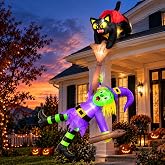 12FT Halloween Inflatables Outdoor Hanging Black Cat and Witch Decorations | Halloween Blow Up Yard Decorations, Falling Witch and Black Cat Rescue Design, Easy-To-Install Halloween Roof Decoration