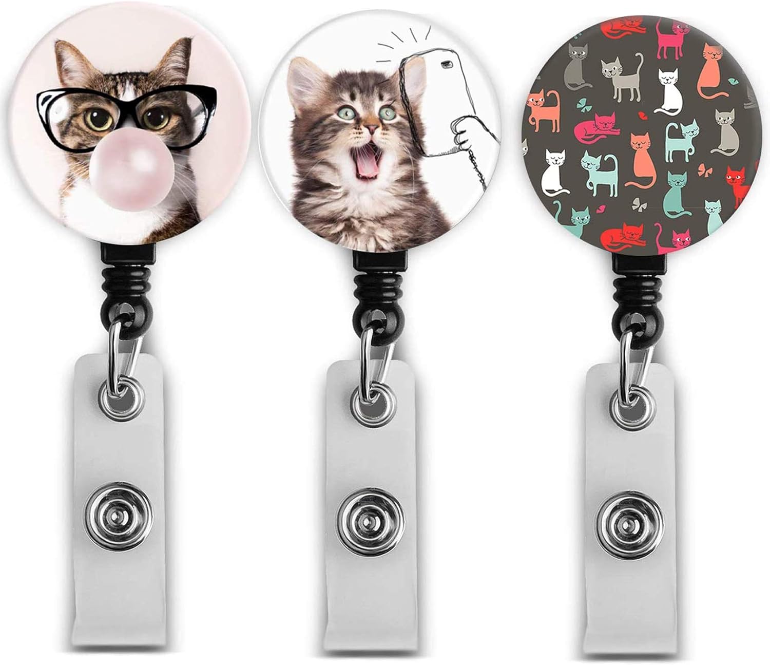 Retractable Badge Holder Reel ID Badge Name Holder with Alligator Clip for Office Worker Doctor Nurse (LE-LB-3pack Cute Cats)
