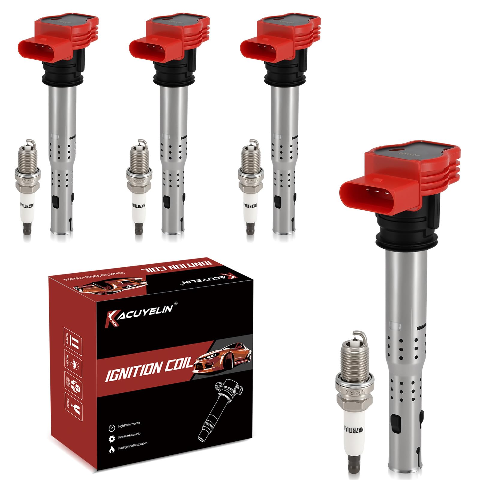 Photo 1 of UF529 Ignition Coil Pack and Double Iridium Spark Plugs Set of 4 Compatible with Audi A4 A6 Volkswagen VW CC Passat GTI 2008 2009 2010 2011 2012 2013 2014 2015 2016 2.0 2.0T Coil Packs 06E905115E