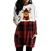 Womens Christmas Dress Long Sleeve Oversized Casual Plaid Sweatshirt Dress with Pockets