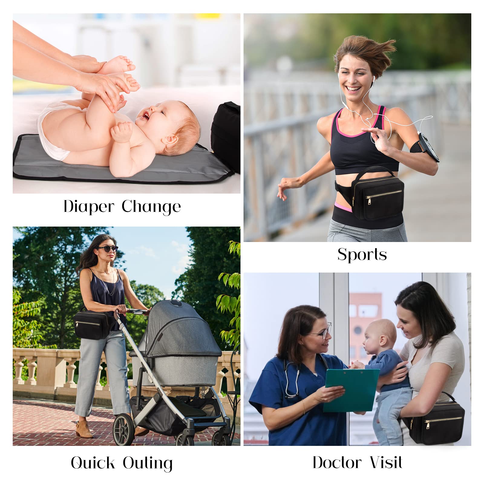 printe Small Diaper Bag with Portable Changing Pad, Crossbody Women Waist Bag with Wipes Pocket for Travel, Stroller Funny Pack, Black