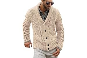 GAFENG Mens Shawl Collar Cardigan Sweater Cable Knit Button Chunky Long Sleeve Winter Fisherman Casual Cardigans